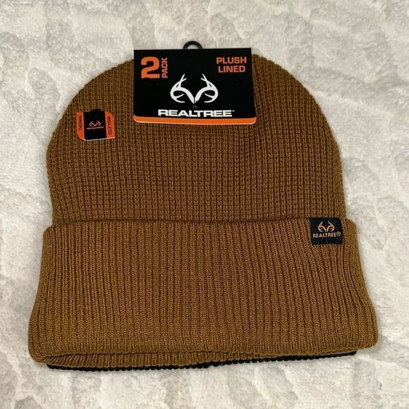 REALTREE Black Ginger Brown 2pc Insulated Knit Thermal Plush Lined Beanies - Picture 1 of 10